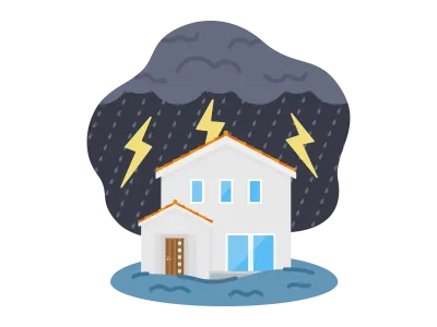 雷雨で浸水被害にあう住宅のイラスト
