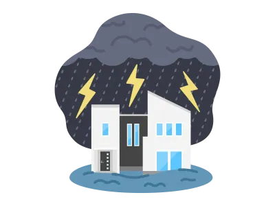 雷雨で浸水被害にあう住宅のイラスト
