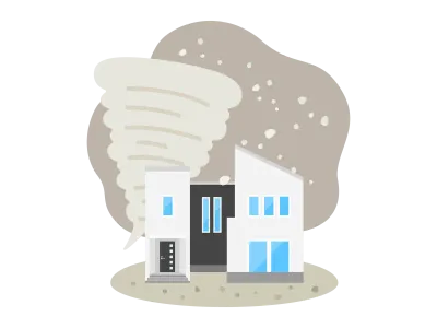 竜巻の被害にあう住宅のイラスト