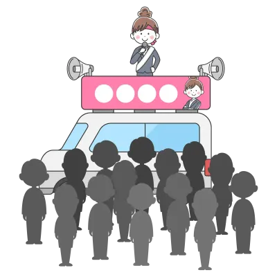 選挙カーで遊説する女性の立候補者のイラスト