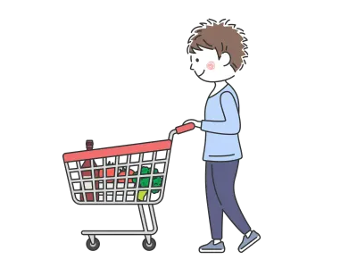 ショッピングカートで買い物をする男性のイラスト