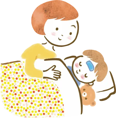 発熱した男の子と看病している母親のイラスト
