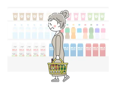 スーパーマーケットで買い物をする年配女性のイラスト