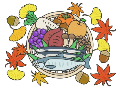 ザルに乗せた秋の食材のイラスト