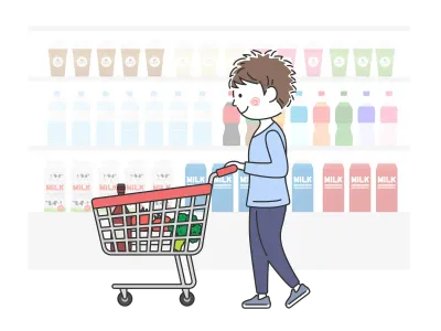 ショッピングカートで買い物をする男性のイラスト