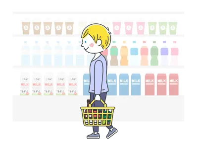 スーパーマーケットで買い物をする白人男性のイラスト