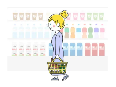 スーパーマーケットで買い物をする白人女性のイラスト