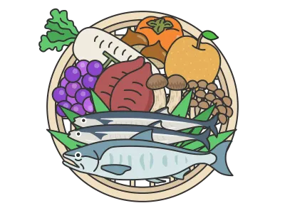 ザルに乗せた秋の食材のイラスト