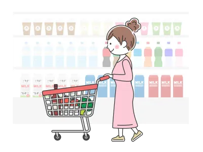 ショッピングカートで買い物をする女性のイラスト