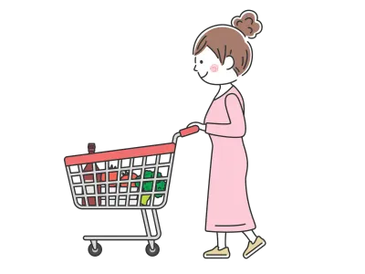 ショッピングカートで買い物をする女性のイラスト