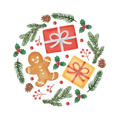 手描き風クリスマスジンジャーマンとプレゼントのかわいいデザインテンプレート