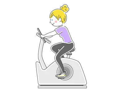 フィットネスバイクを使う白人女性のイラスト