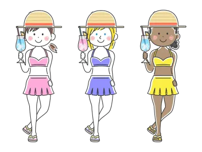 カクテルを持っている水着の女性のイラストセット