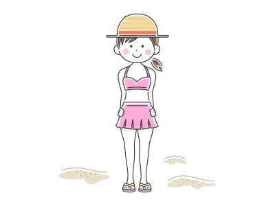 麦わら帽子をかぶった水着の女性のイラスト