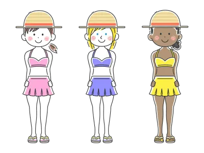 麦わら帽子をかぶった水着の女性のイラストセット
