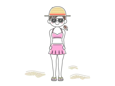 麦わら帽子をかぶった水着の女性のイラスト