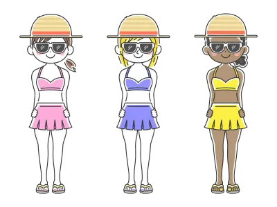 麦わら帽子をかぶった水着の女性のイラストセット