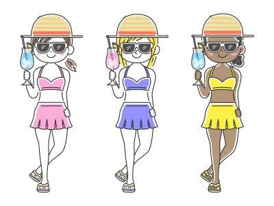 カクテルを持っている水着の女性のイラストセット