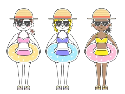 浮き輪を持った水着の女性のイラストセット