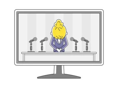 テレビで謝罪会見の中継をするイラスト