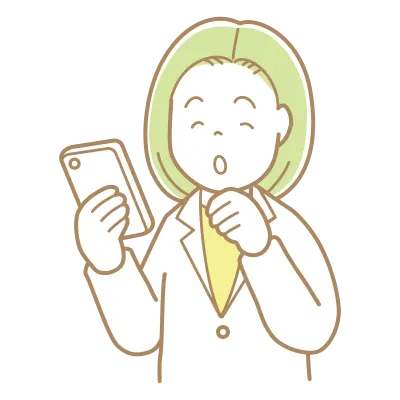 スマートフォンの画面を見る緑髪で白衣の女性のイラスト