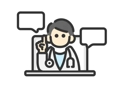 パソコンのオンライン診療で会話する男性医師のアイコンのイラスト