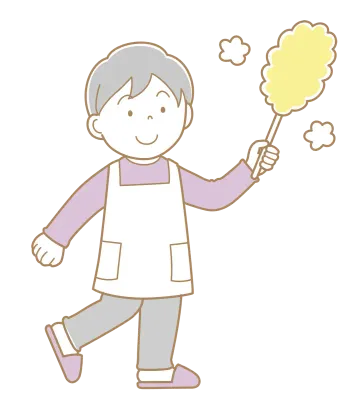 はたきでお掃除をする男の子のイラスト
