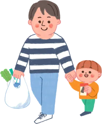 色鉛筆で描いた子供と手を繋いで買い物から帰るお父さんのイラスト