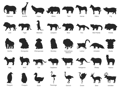 いろいろな動物のシルエットのイラストセット