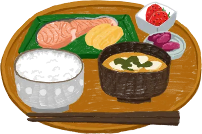 色鉛筆で描いた日本の定番の朝ごはんのイラスト