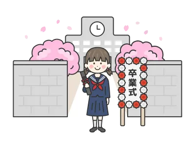 卒業式で校舎の前に立つセーラー服を着た女子学生のイラスト