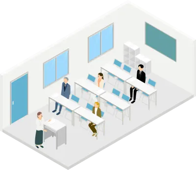 Isometric, sparsely seated classrooms with classrooms, desks and folding chairs