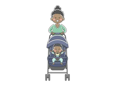 ベビーカーを押す黒人のお母さんのイラスト