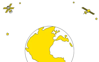 Cute and simple line drawing illustration of earth and satellite