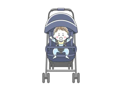 ベビーカーに乗って泣いている赤ちゃんのイラスト