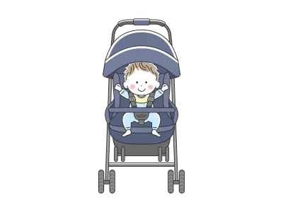 ベビーカーに乗った笑顔の赤ちゃんのイラスト