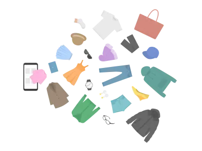 スマートフォンの画面から飛び出すアパレルグッズのイラスト