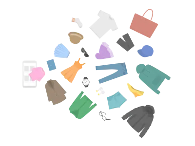 スマートフォンの画面から飛び出すアパレルグッズのイラスト