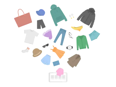 スマートフォンの画面から飛び出すアパレルグッズのイラスト