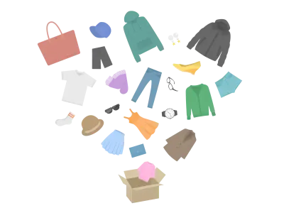 ダンボールから飛び出すアパレルグッズのイラスト