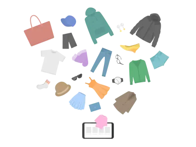 スマートフォンの画面から飛び出すアパレルグッズのイラスト