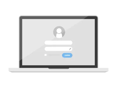 ログイン画面が表示されたノートパソコン画面のイラスト