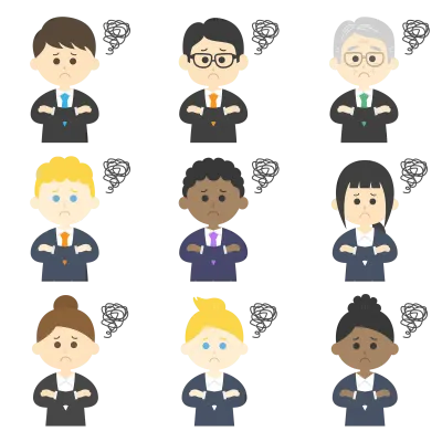 腕を組んで悩むビジネスマンのイラストセット