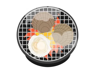 七輪で焼くホタテ貝のイラスト