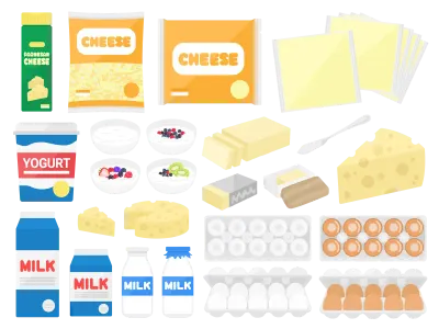 チーズや牛乳などの乳製品のイラストセット