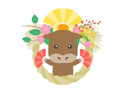 しめ縄と牛のキャラクターのイラスト