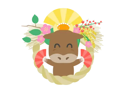 しめ縄と牛のキャラクターのイラスト