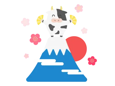 富士山の頂上で踊る牛のキャラクターのイラスト