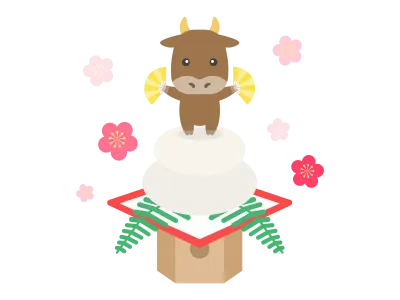 鏡餅にのった牛のキャラクターのイラスト