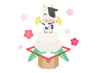 鏡餅にのった牛のキャラクターのイラスト